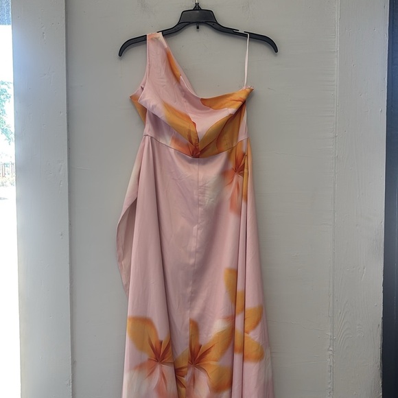 Fehaute Orange and Pink Floral One Shoulder Slit A - Line Gown Size 4 - Picture 7 of 8